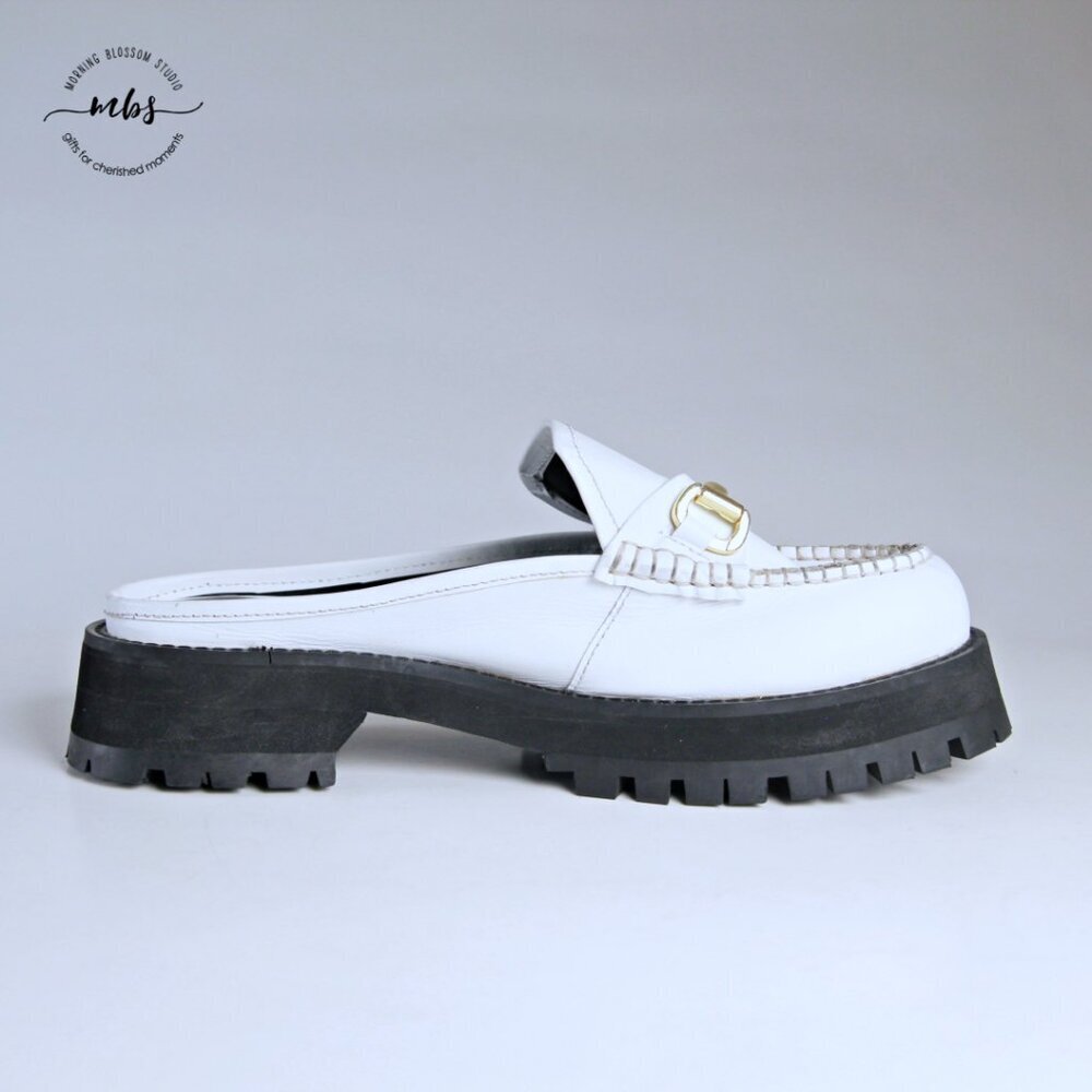 Nasty Gal Leather Chunky Backless Loafers White Gold Women UK 8 EU‎ 41 US 10 - Picture 9 of 15